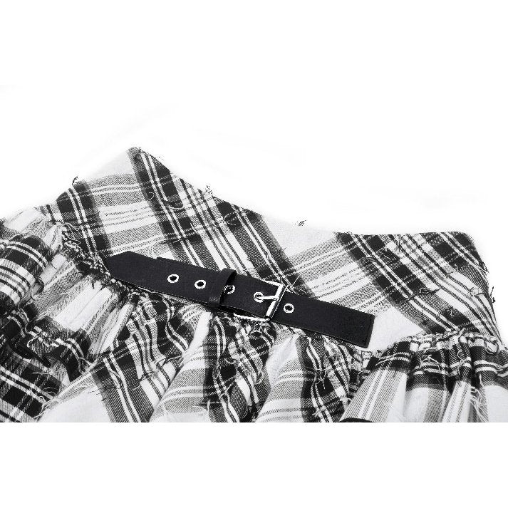 Dark in Love Quinn Punk Black and White Checkered Asymmetrical Messy Net Skirt