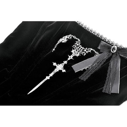 Dark in Love Lux Black Velvet Horn Embroidery Maxi Dress