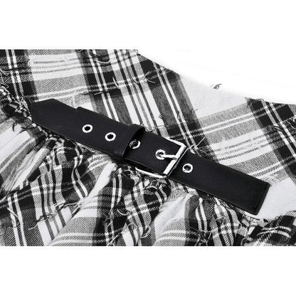 Dark in Love Quinn Punk Black and White Checkered Asymmetrical Messy Net Skirt