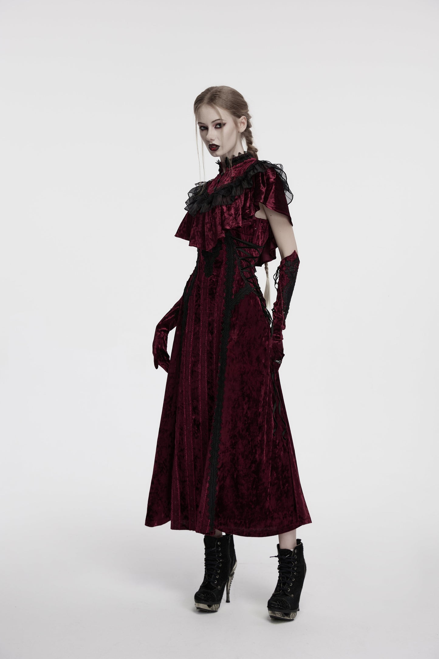 Punk Rave Vivienne Velvet Lace Panel Goth Slip Dress In Burgundy