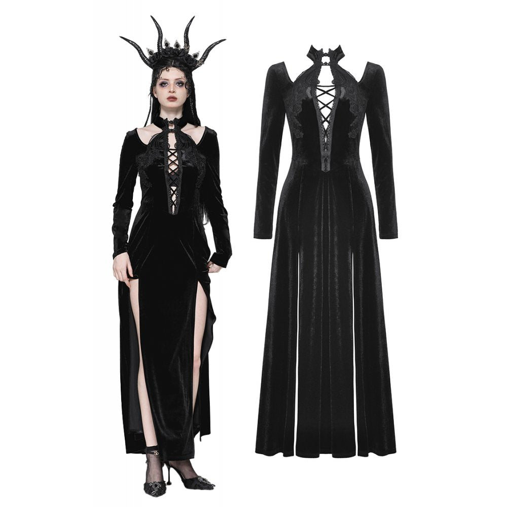 Dark in Love Vera Gothic Velvet High-Slit Maxi Dress with Hollow Neckline & Embroidered Buttons