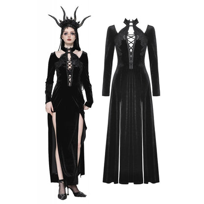 Dark in Love Vera Gothic Velvet High-Slit Maxi Dress with Hollow Neckline & Embroidered Buttons