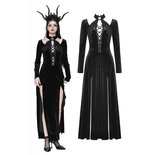 Dark in Love Vera Gothic Velvet High-Slit Maxi Dress with Hollow Neckline & Embroidered Buttons