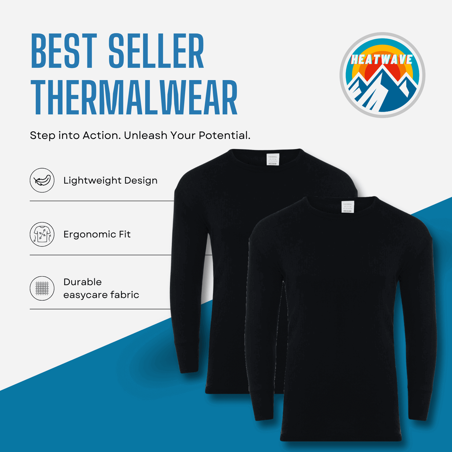 2 Pack Men's Thermal Underwear T Shirt Tops Warm Durable Baselayer Insulated Brushed Yarn for Running Hiking Outdoor Sports Workwear Small to XXL White Black Grey Navy by Heatwave Thermalwear