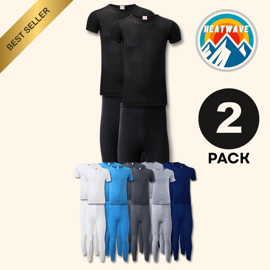 2 Pack Mens Thermal Underwear Set T Shirt Tops and Long John Bottoms Warm Baselayer Insulated Brushed Yarn for Winter Outdoor Sports in Small to XXL White Black Grey Navy by Heatwave Thermalwear