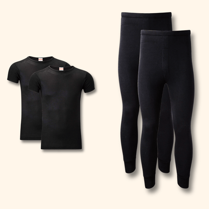 2 Pack Mens Thermal Underwear Set T Shirt Tops and Long John Bottoms Warm Baselayer Insulated Brushed Yarn for Winter Outdoor Sports in Small to XXL White Black Grey Navy by Heatwave Thermalwear