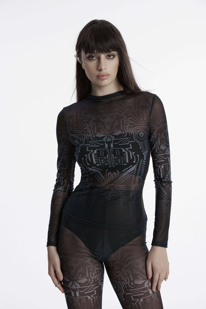 Punk Rave Eluana Cybergoth Print Mesh Long Sleeve Top