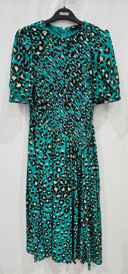 Whistles - Green Painted Leopard Shirred Dress - Multi Size: Uk12