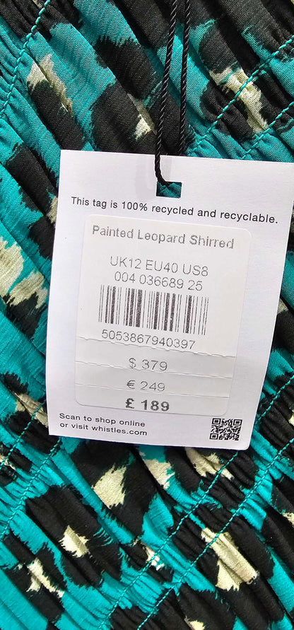 Whistles - Green Painted Leopard Shirred Dress - Multi Size: Uk12