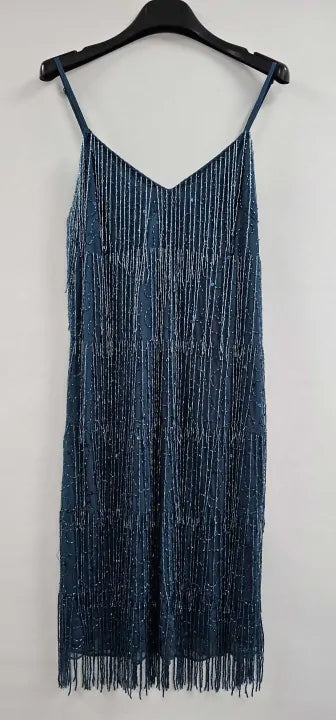 Sosandar - Teal Premium Embellished Fringe Tassel Shift Dress - Blue Size: Uk10