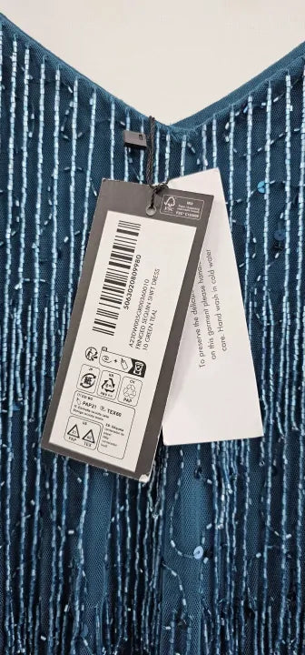 Sosandar - Teal Premium Embellished Fringe Tassel Shift Dress - Blue Size: Uk10