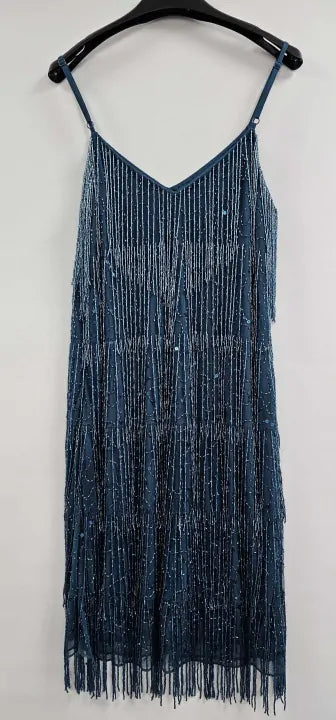 Sosandar - Teal Premium Embellished Fringe Tassel Shift Dress - Blue Size: Uk10