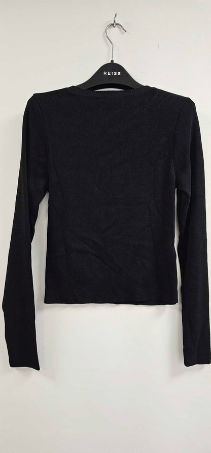 Mango - Black Rhinestone Cropped Rib Jumper - Black Size: M