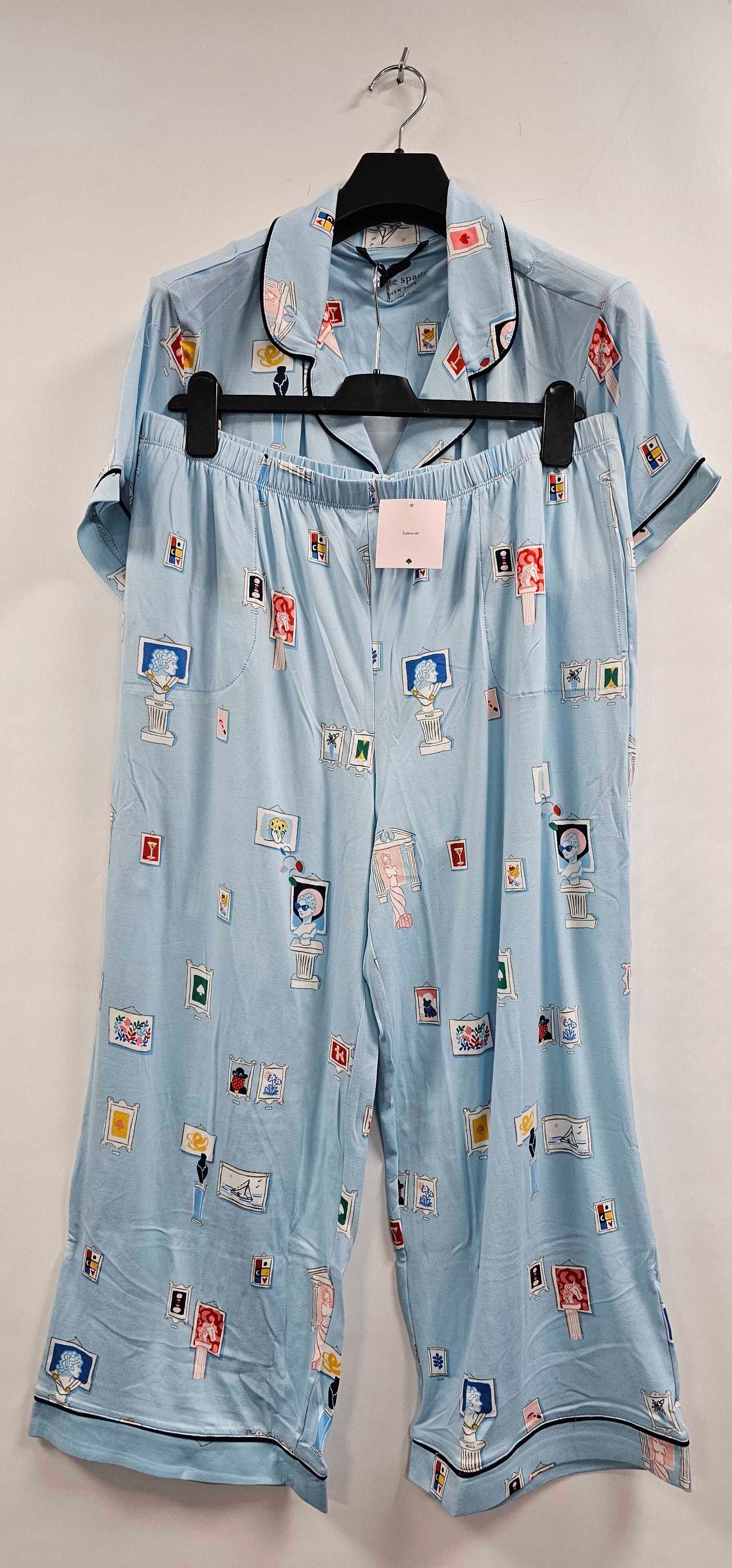 Kate Spade - Blue Print Brushed Jersey Cropped Pajama Set - Multi Size: L