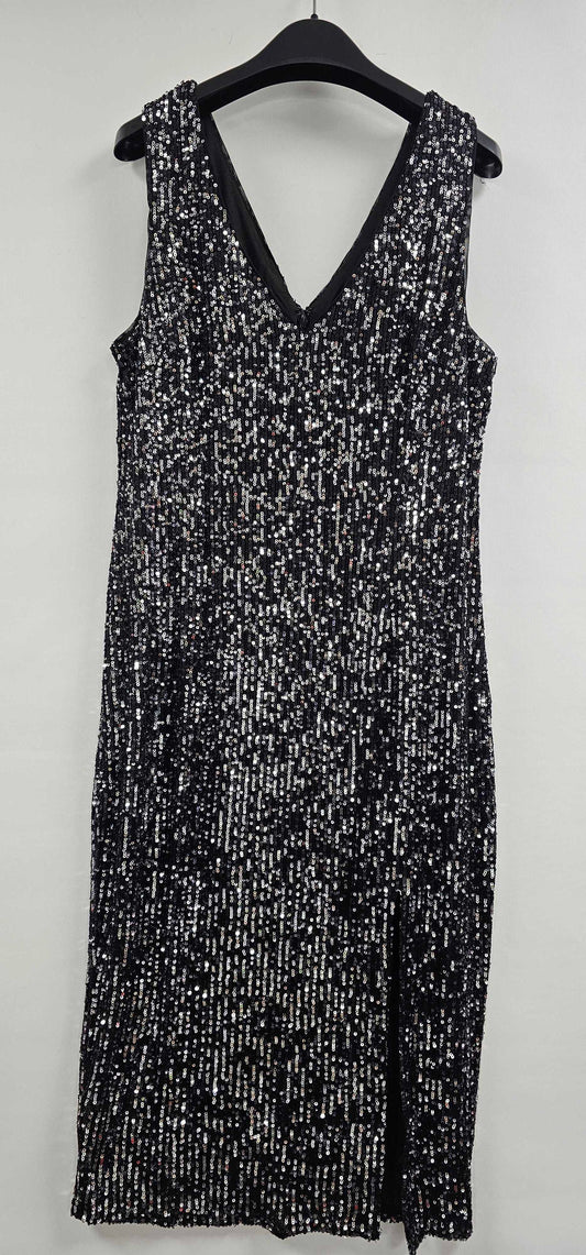 Sosandar - Dark Grey Sequin Feather Shoulder Pencil Dress - Blak / Silver Size: Uk12