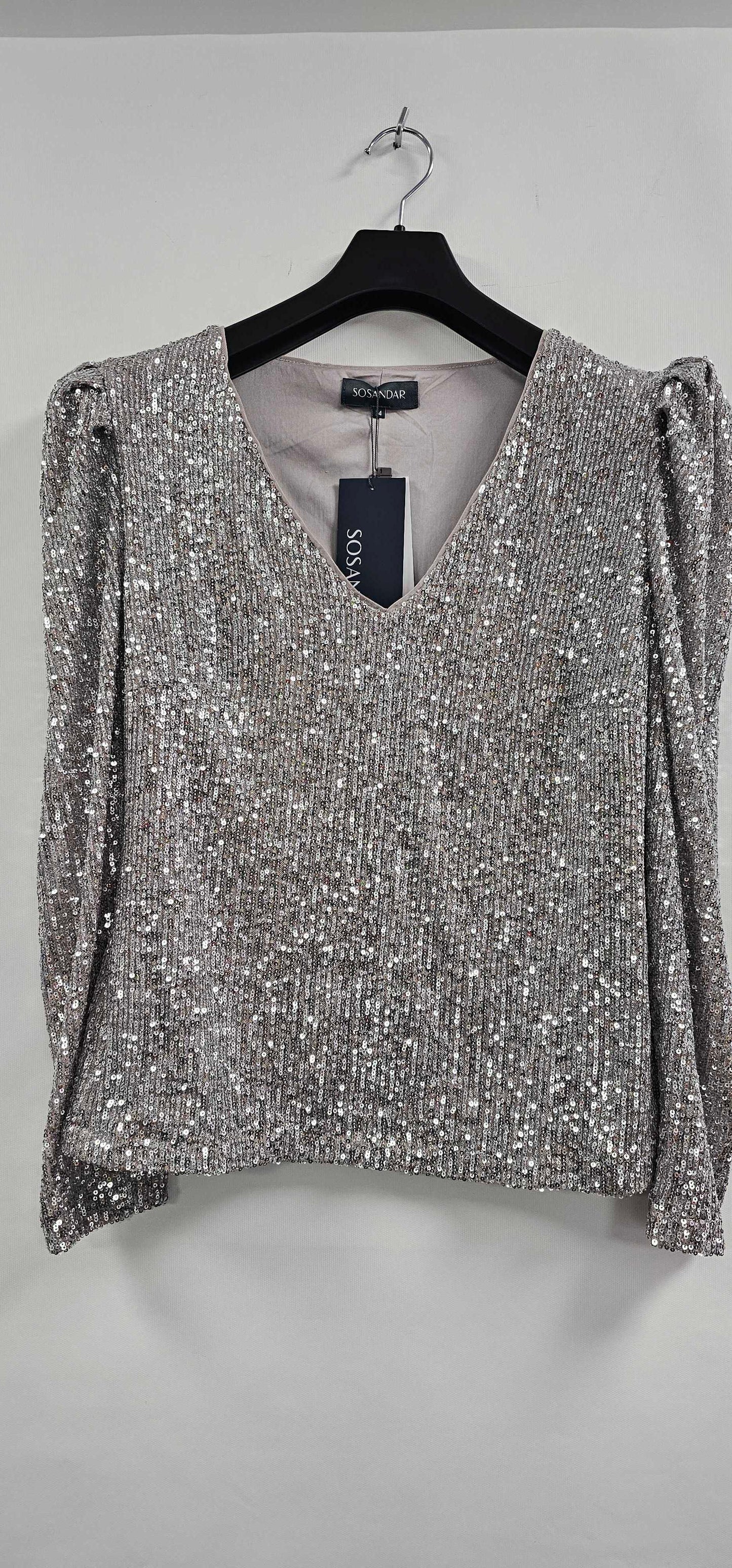 Sosandar - Silver Luxe Sequin Gathered Sleeve Top - Silver Size: Uk14