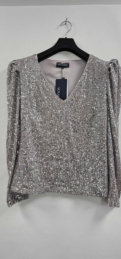 Sosandar - Silver Luxe Sequin Gathered Sleeve Top - Silver Size: Uk14