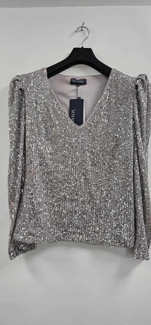 Sosandar - Silver Luxe Sequin Gathered Sleeve Top - Silver Size: Uk14