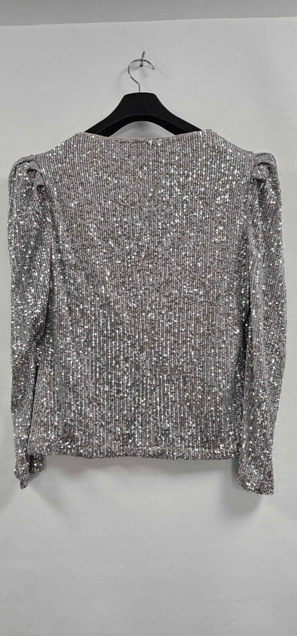 Sosandar - Silver Luxe Sequin Gathered Sleeve Top - Silver Size: Uk14