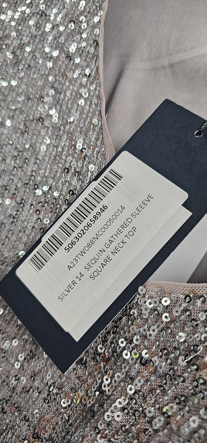 Sosandar - Silver Luxe Sequin Gathered Sleeve Top - Silver Size: Uk14