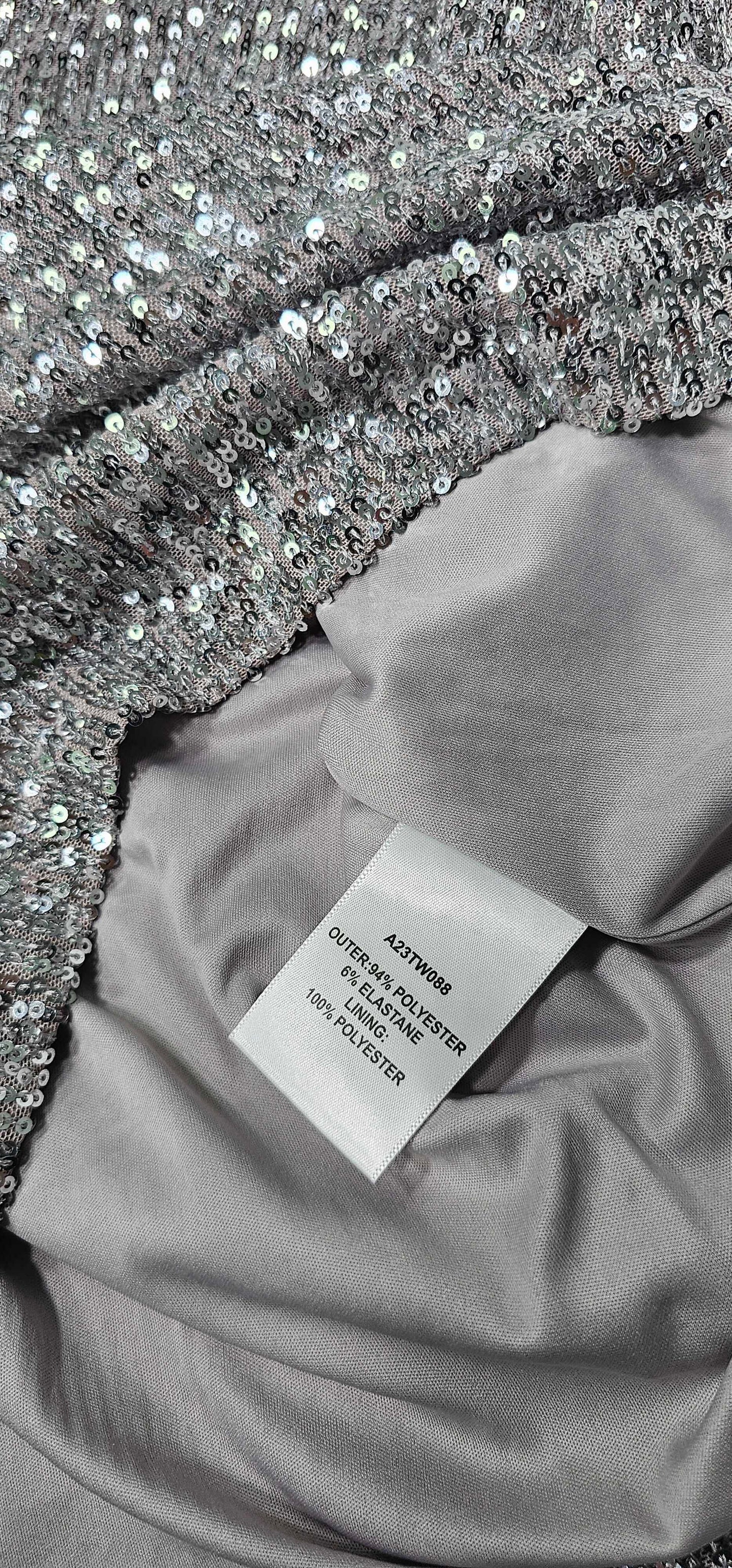 Sosandar - Silver Luxe Sequin Gathered Sleeve Top - Silver Size: Uk14