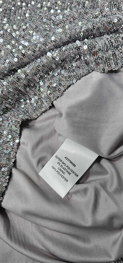 Sosandar - Silver Luxe Sequin Gathered Sleeve Top - Silver Size: Uk14