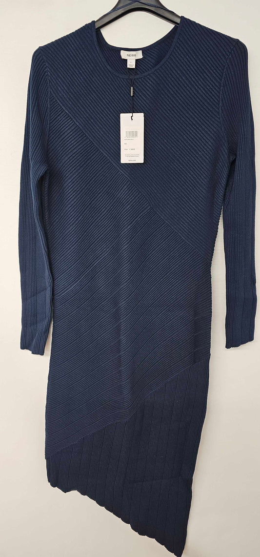 Reiss - Navy Jem Knitted Asymmetric Midi Dress Size: L