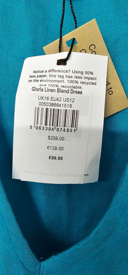 Whistles - Turquoise Gloria Linen Blend Dress - Blue Size: Uk16