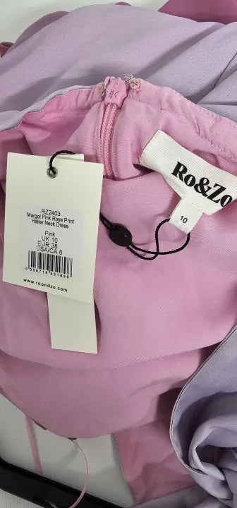 Ro & Zo - Margot Pink Rose Print Halter Neck Dress - Pink Size: Uk10