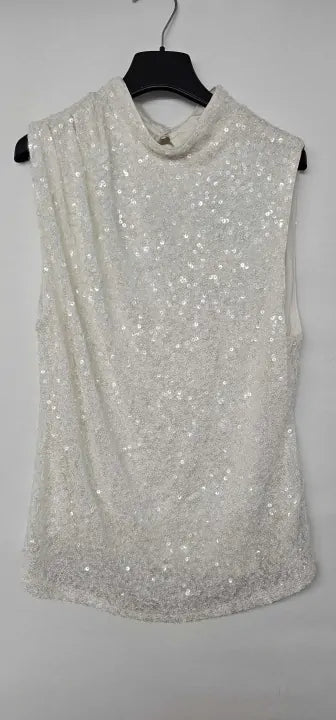 Ro & Zo - White Sequin High Neck Top - White Size: Uk16