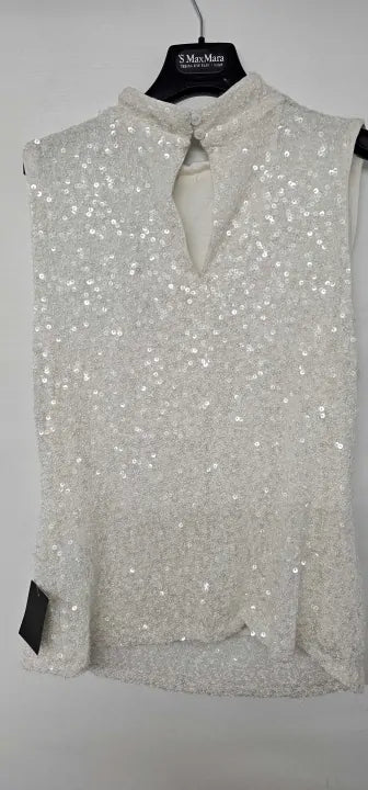Ro & Zo - White Sequin High Neck Top - White Size: Uk16