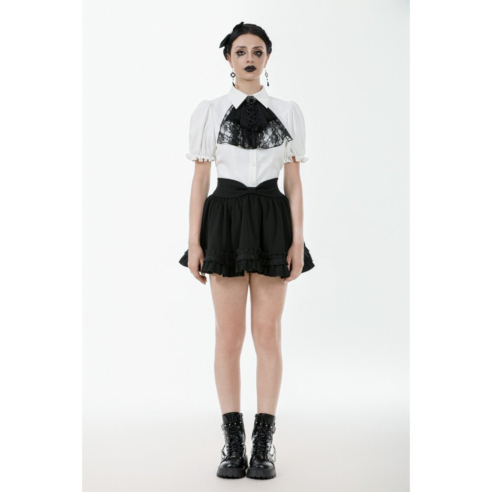 Dark in Love Elysia Ruffle Bib Puff Sleeve Goth Blouse in White