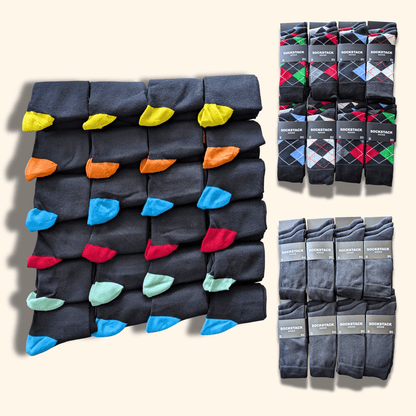 24 Pairs Men's Soft Cotton Colourful Heel Toe Black Argyle Diamond Easycare Comfortable Shoe Socks Flat Toe Seam Durable Work School Business Wear UK 6-11 by Sock Stack