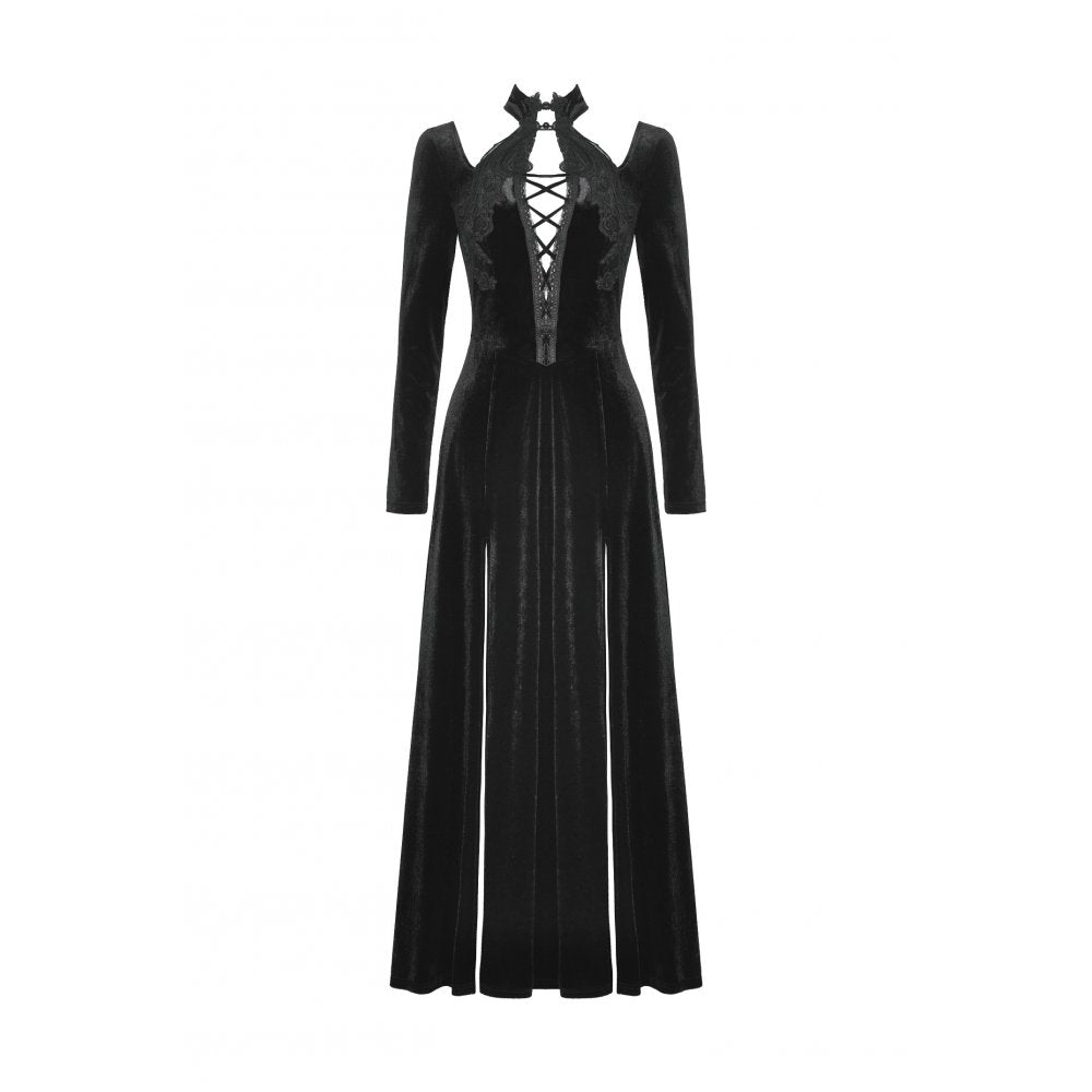Dark in Love Vera Gothic Velvet High-Slit Maxi Dress with Hollow Neckline & Embroidered Buttons