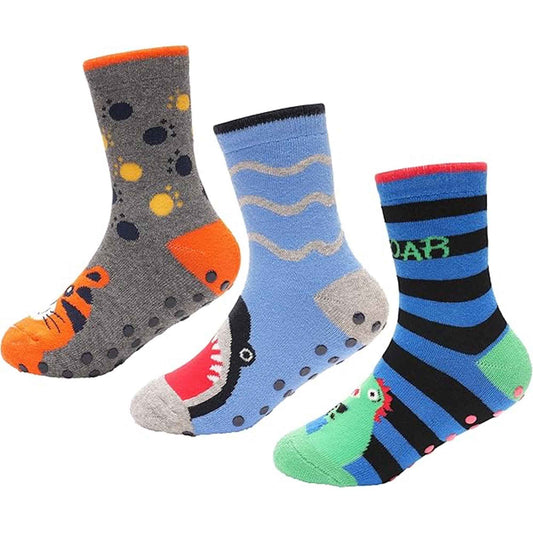 3 Pairs Boys Non-Slip Thermal Slipper Socks Dino Shark Tiger Designs Cozy Indoor Kids Socks Warm Anti-Skid Socks for Winter in Sizes 6-8 9-12 12-3 from Sock Stack