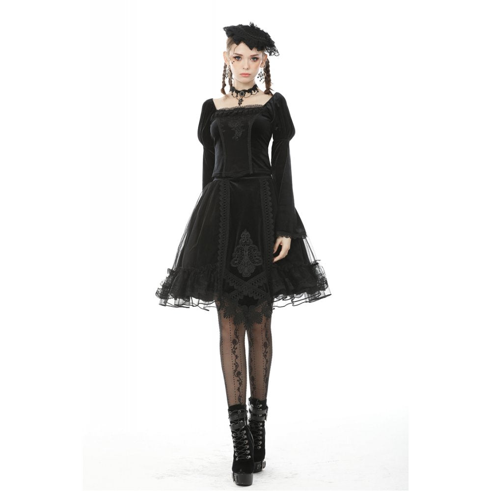 Dark in Love Melisandre Embroidered Velvet Mesh Goth Skirt in Black