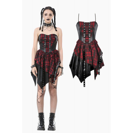 Dark in Love Red Tartan Corset Punk Dress with Handkerchief Skirt