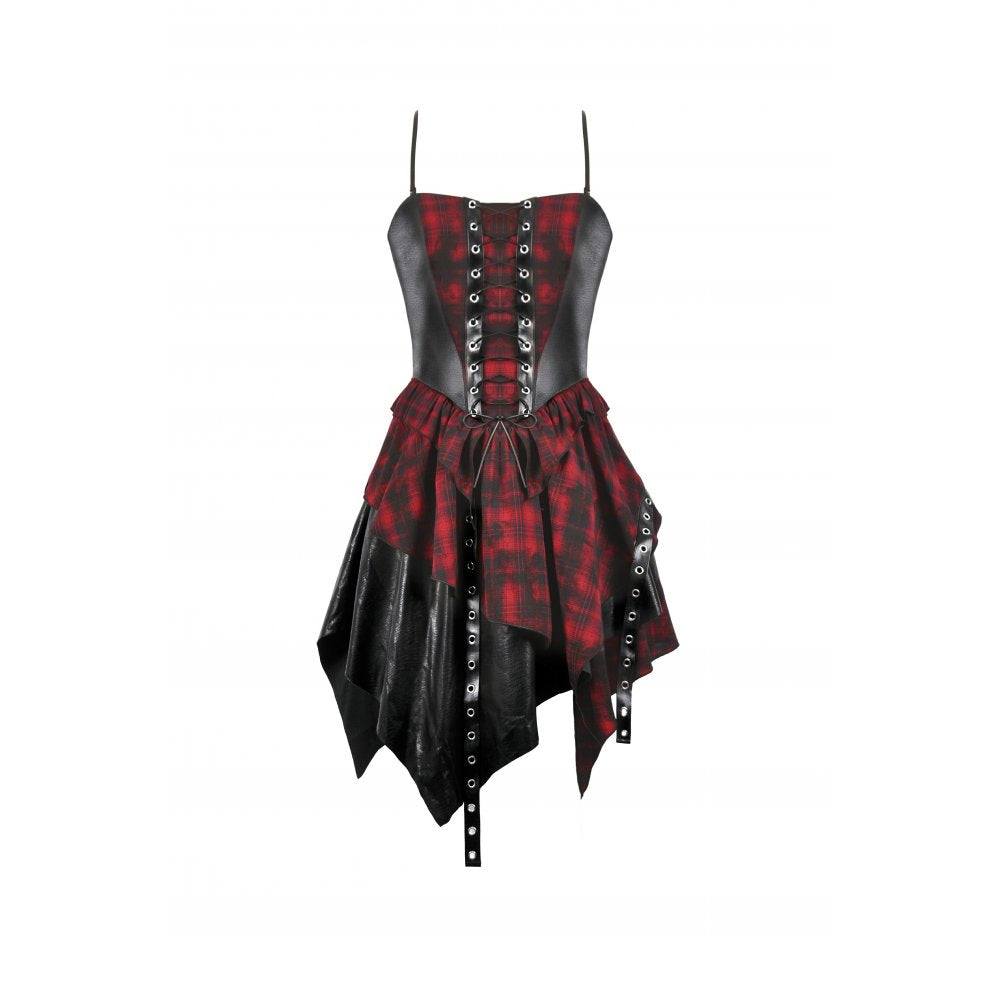 Dark in Love Red Tartan Corset Punk Dress with Handkerchief Skirt