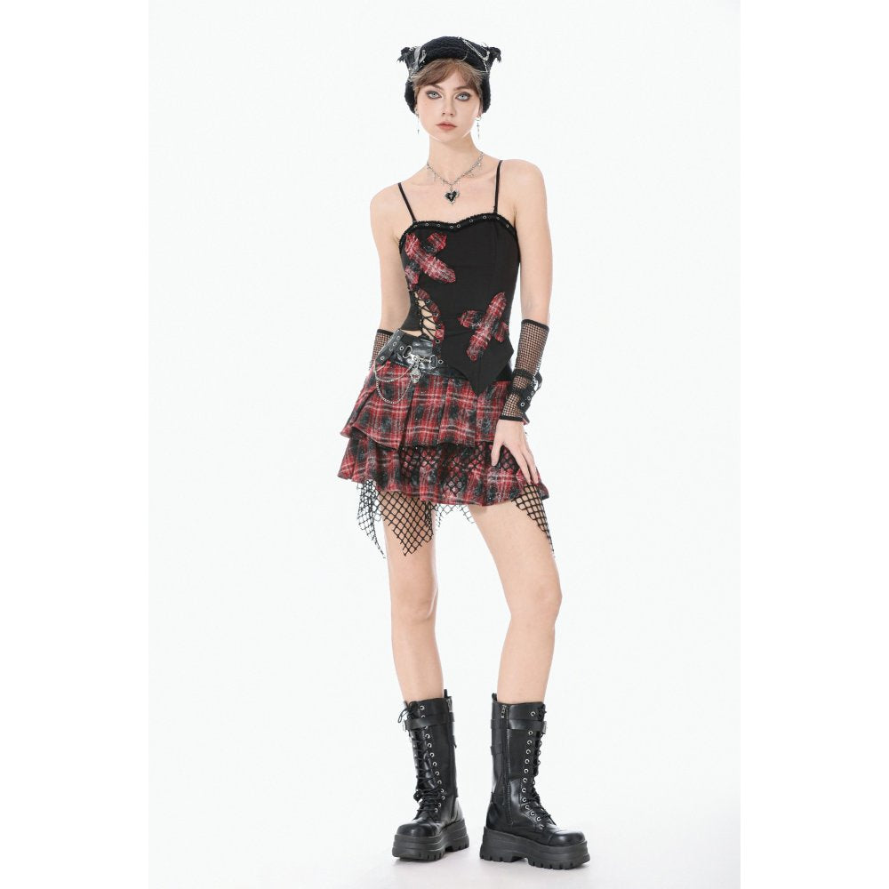 Dark in Love Punk Plaid Cross Strap Top