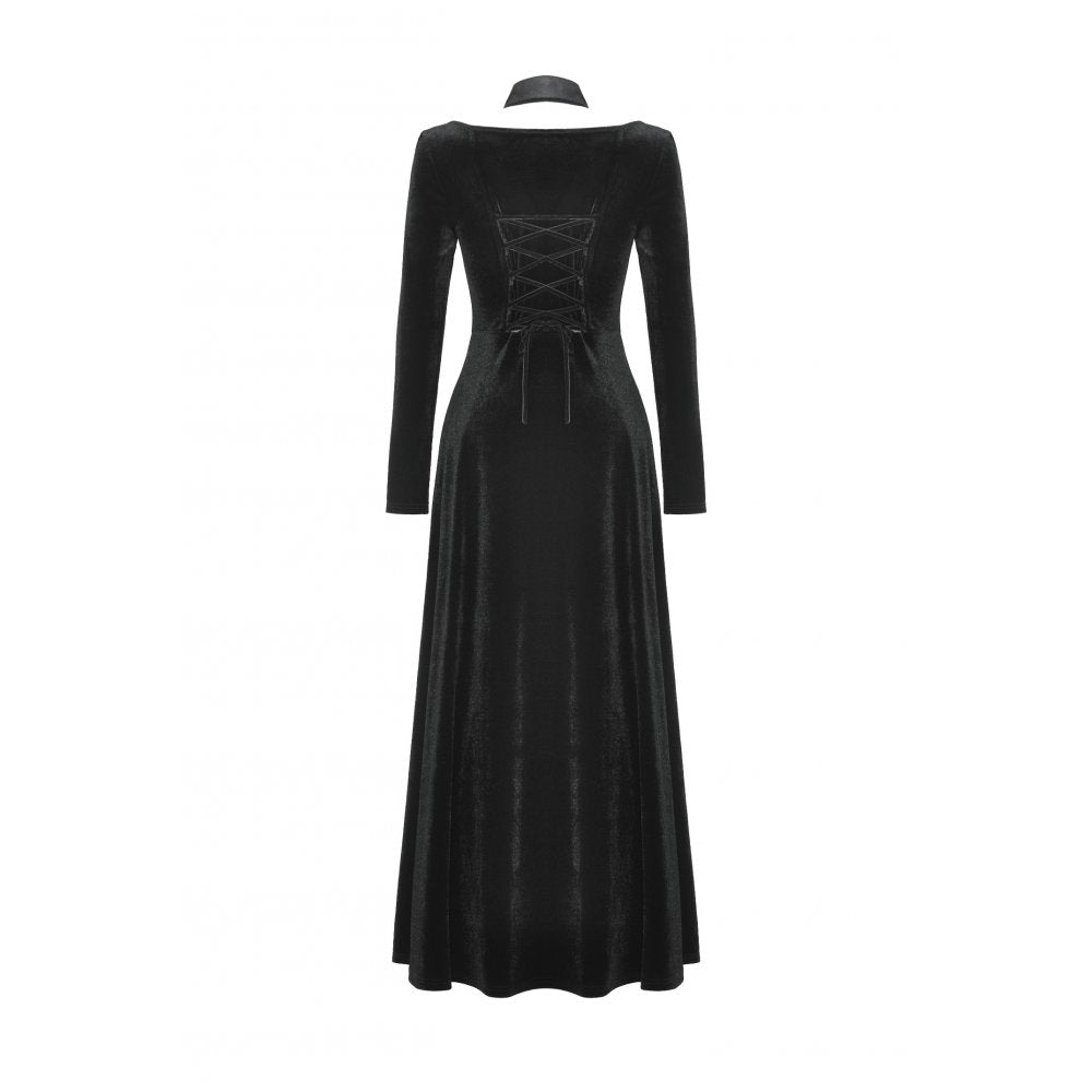 Dark in Love Vera Gothic Velvet High-Slit Maxi Dress with Hollow Neckline & Embroidered Buttons
