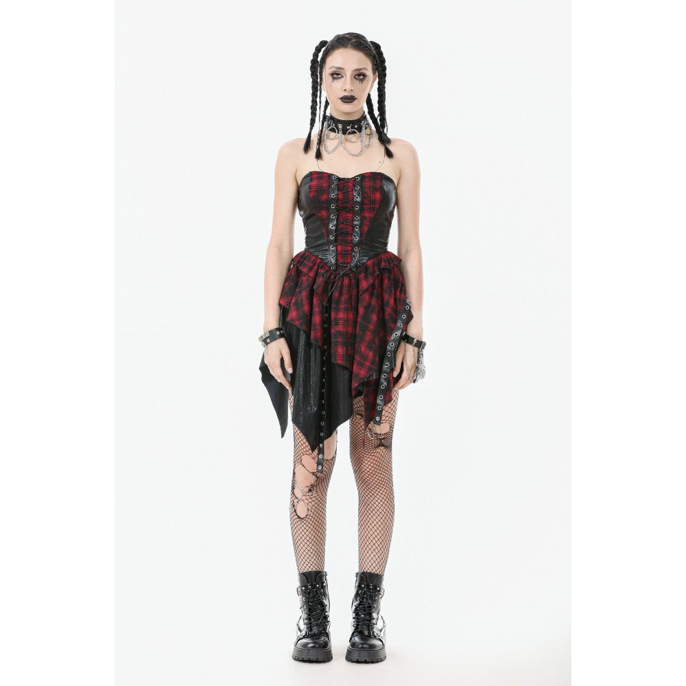 Dark in Love Red Tartan Corset Punk Dress with Handkerchief Skirt