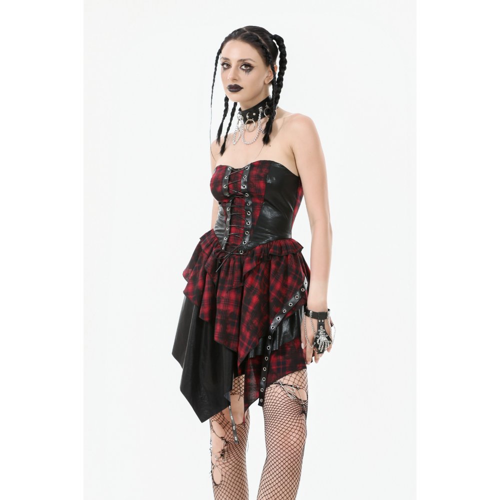 Dark in Love Red Tartan Corset Punk Dress with Handkerchief Skirt