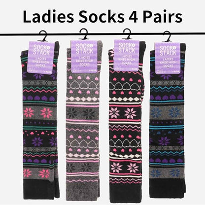 4 Pairs Ladies Ski Boot Socks Knee Length Cotton Rich with Full Cushioning and Thermal Insulation for Warmth and Comfort Fair Isle Pattern Fits Sizes 4-7 by Sock Stack