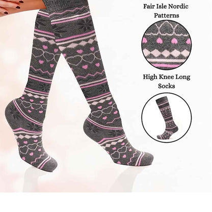 4 Pairs Ladies Ski Boot Socks Knee Length Cotton Rich with Full Cushioning and Thermal Insulation for Warmth and Comfort Fair Isle Pattern Fits Sizes 4-7 by Sock Stack