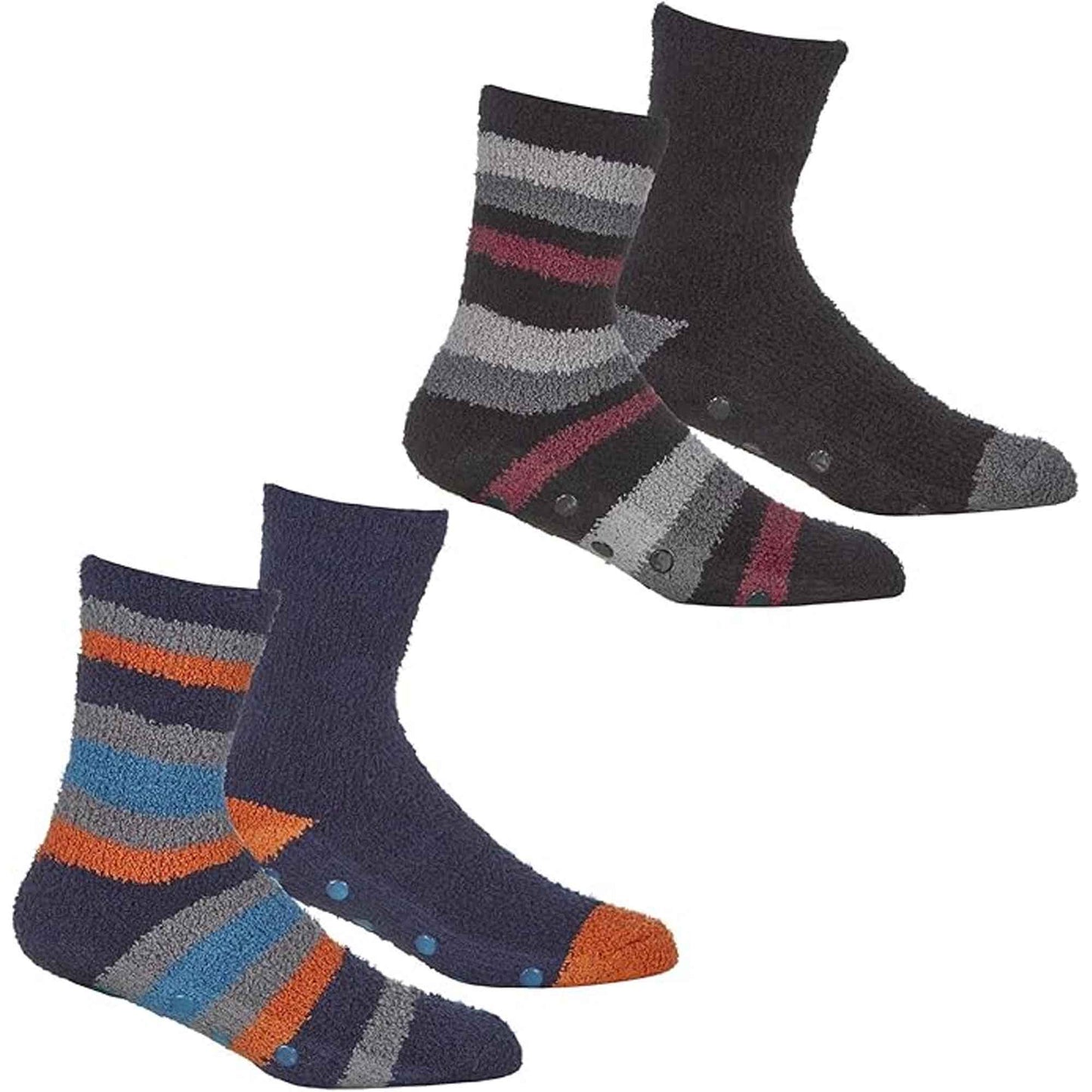 4 Pairs Mens Cozy Winter Striped Fluffy Slipper Socks Non-Skid Gripper Soles Warm Thick Fleece Tall Design UK Sizes 6-11 by Sock Stack