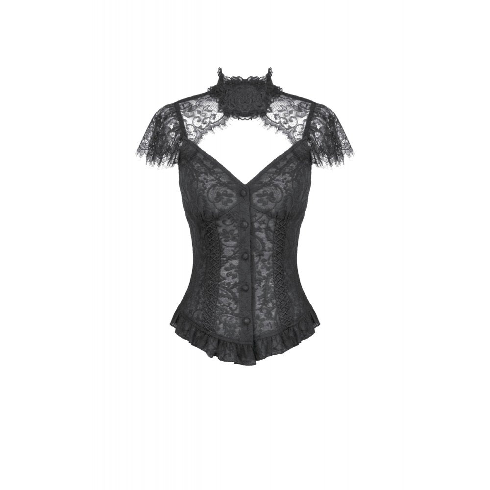 Black Floral Lace High-Neck Gothic Shoulder-Mantle Corset Top