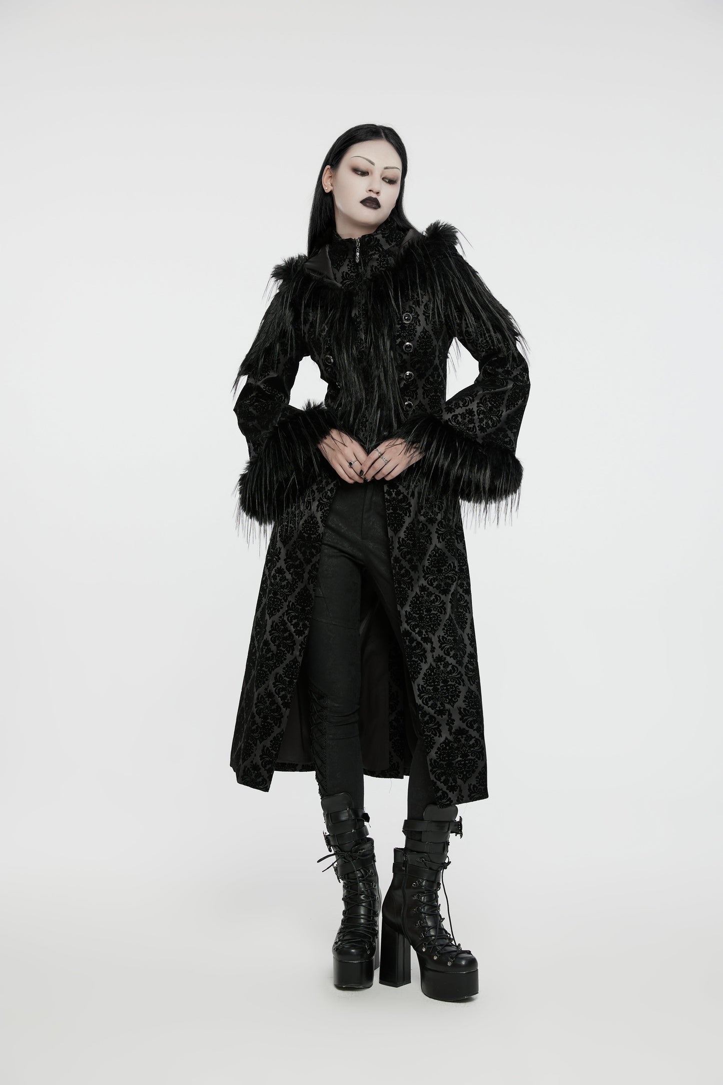 Punk Rave Morrigan Goth Gorgeous Jacquard Coat - Black
