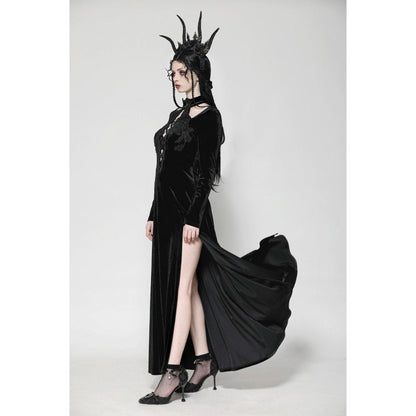 Dark in Love Vera Gothic Velvet High-Slit Maxi Dress with Hollow Neckline & Embroidered Buttons