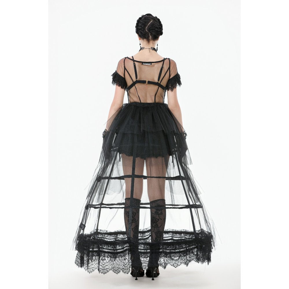 Dark in Love Gothic Hoop Cage Skirt with Lace Trim in Black