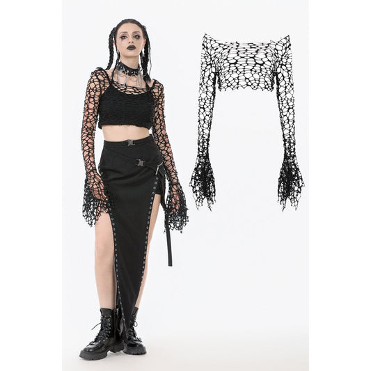 Dark in Love Morana Mesh Crochet Knit Bell Sleeve Crop Top